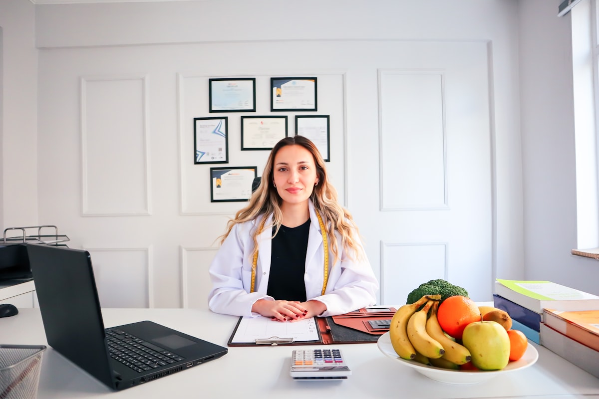 Nutrition professional analyzing food labels and meal planning